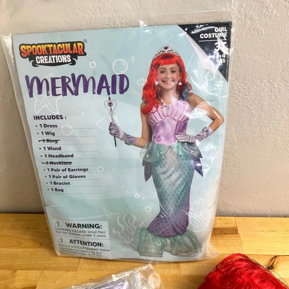 Mermaid Costume Girls Size 3T 3-4 Years Princess Dress Wig Accessories Halloween
